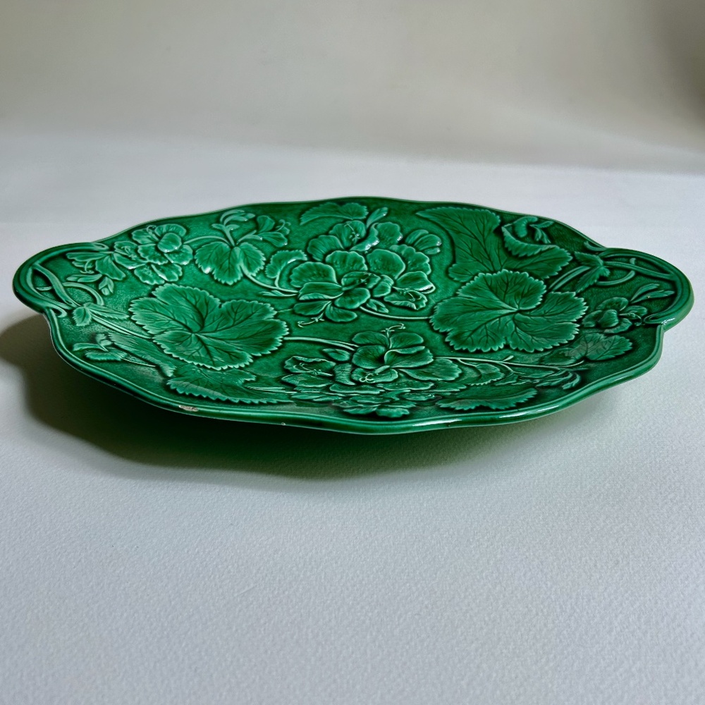 Late 19th Century English Continental Green Majolica Geranium Platter